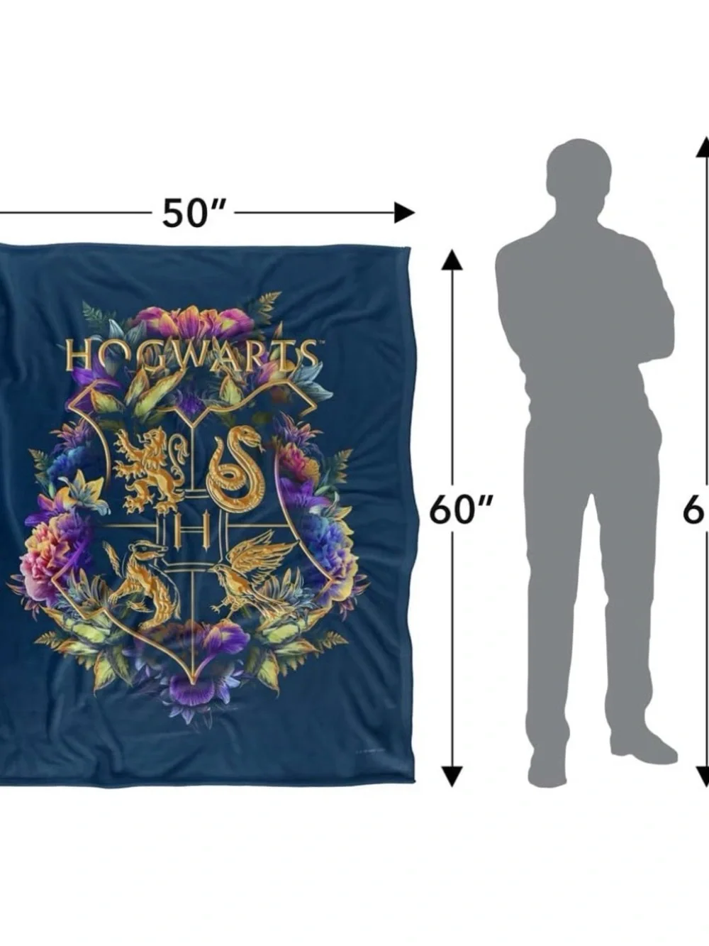 New Large Hogwarts Crest Plush Throw Blanket - Navy Blue